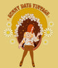 hippy bohemian retro woman in egg chair with daisies and store logo